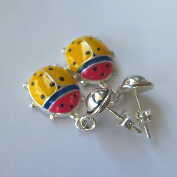 Super Cute Sterling Silver Enamel LADYBUG Earrings - Picture 4 of 13